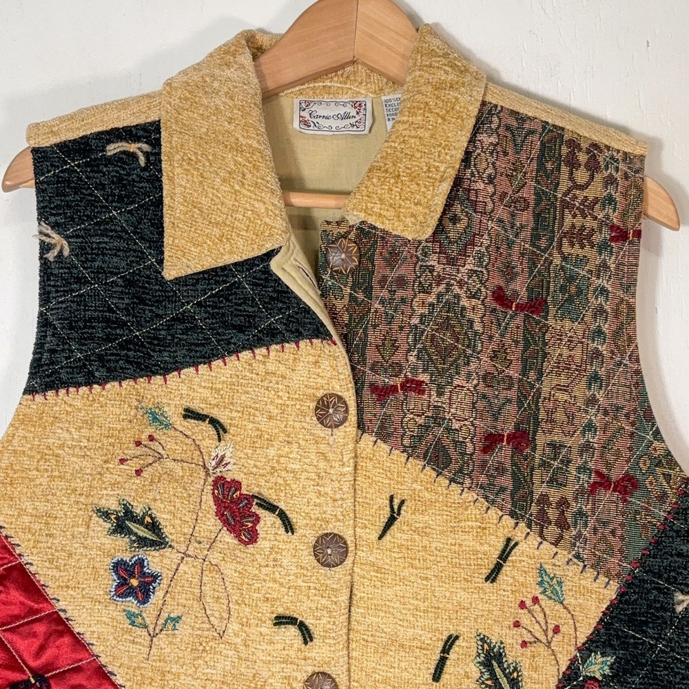 VTG 90s Carrie Allen Patchwork Grandma Vest Womens L Embroidered Tapestry Boho